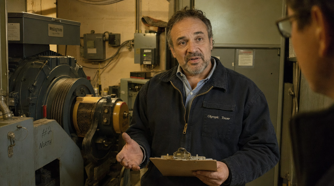 A building superintendent checks the machine room